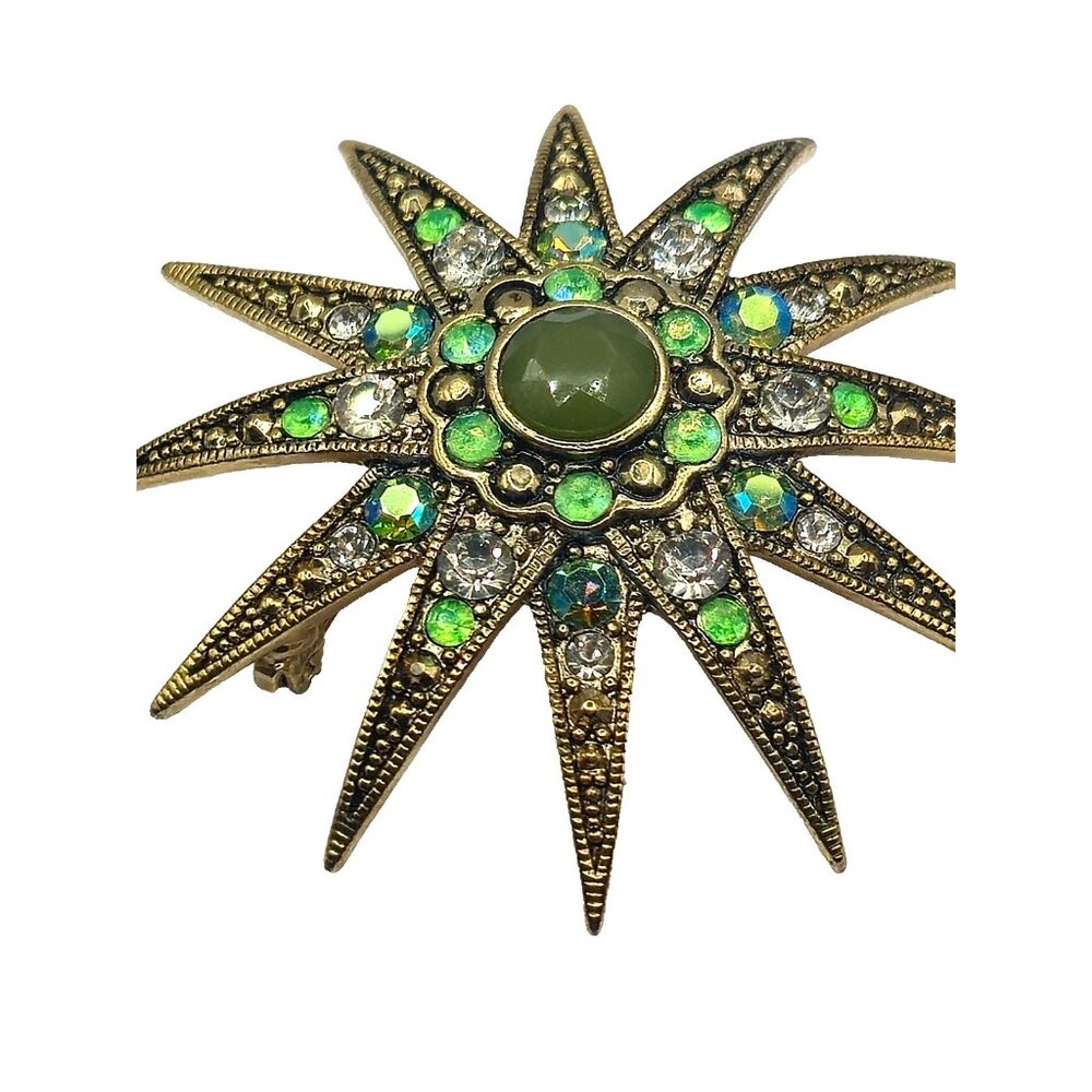 Monet Vintage Domed Starburst Brooch Uranium Glass Rhinestones Green AB Glow